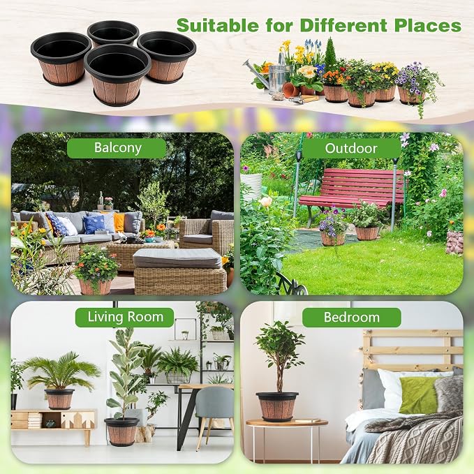 4 Pack 12 inch Plant Pot, Large Whiskey Barrel Planters Indoor Outdoor | - Image 4