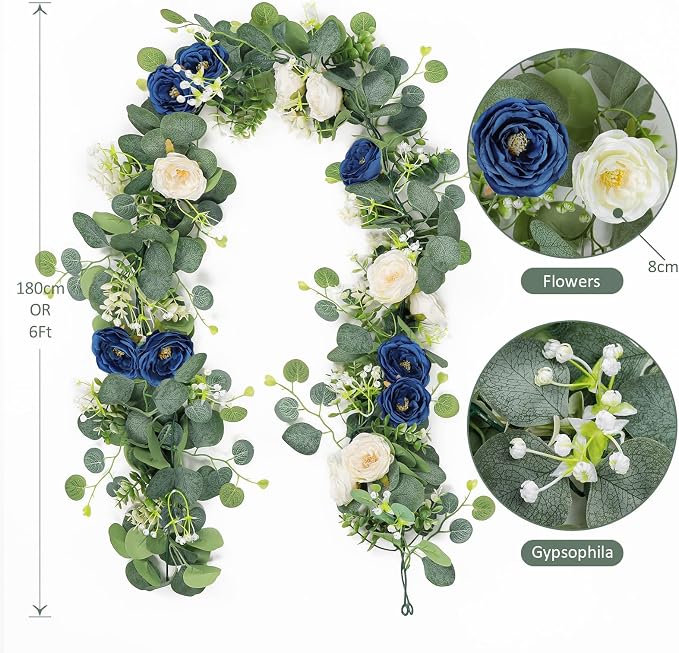 TOCHGREEN 2 Pack Artificial Eucalyptus Flower Garland - Image 3