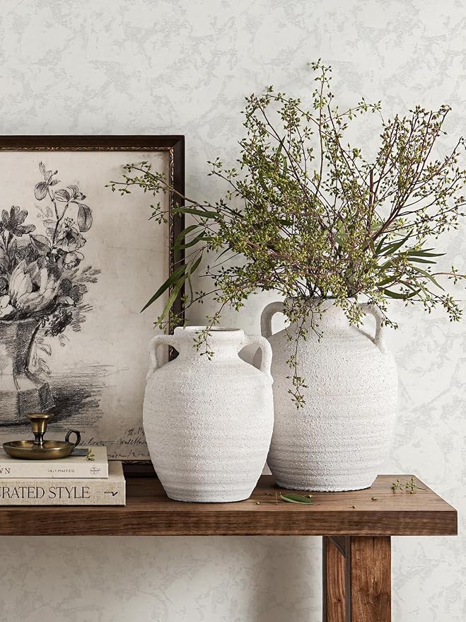 White Ceramic Vase with Handles, Farmhouse Rustic, Gritstone White | Decorative - Image 6