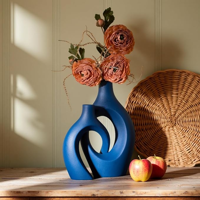Snuggle Hollow Ceramic Vase Set of 2, 11 inch Modern Nordic Coastal Shaped - Image 8
