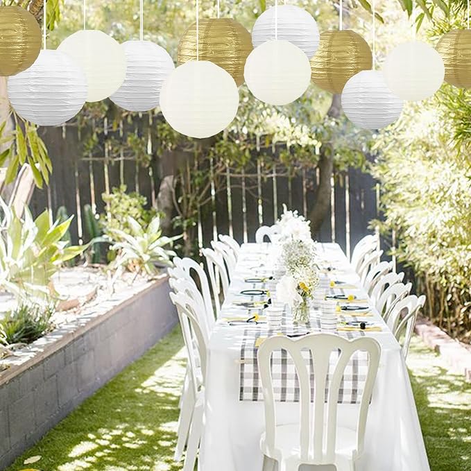 BEISHIDA Gold White Paper Lanterns 12Pcs 6/8/10/12 Inch Round Chinese Lamp | - Image 4