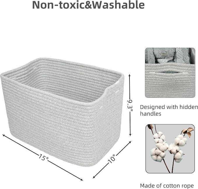 XUANGUO Woven Cotton Rope Storage Baskets 15x10x9.3" 3 Pack Grey | Decorative - Image 2