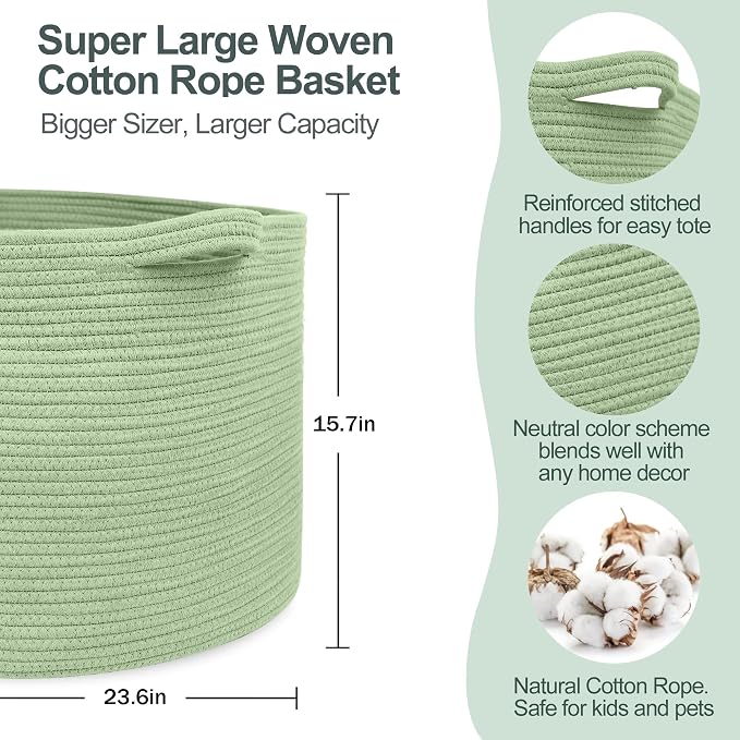 115L Oversized Green Basket, 23.6"x15.7" Woven Cotton Rope Bin - Image 2