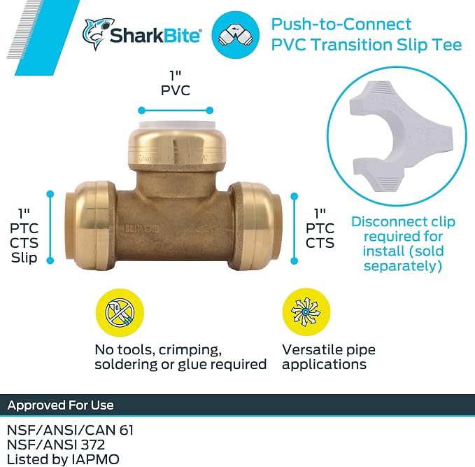 SharkBite 1 Inch Slip CTS x CTS x PVC Transition Slip Tee, Push To Connect - Image 3