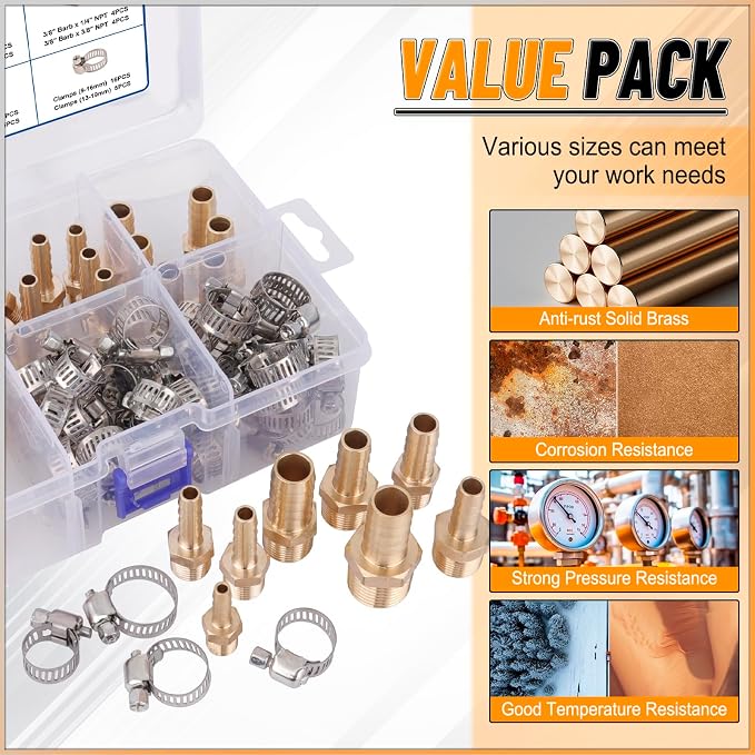 KOOTANS 32PCS Brass Hose Barb Fittings Barb to NPT Male Thread Adapter Kit - Image 5