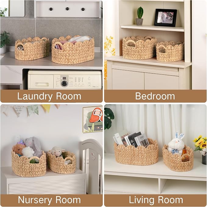 iEGrow Scalloped Wicker Basket, Water Hyacinth Storage Oval Cute Baby Baskets - Image 7