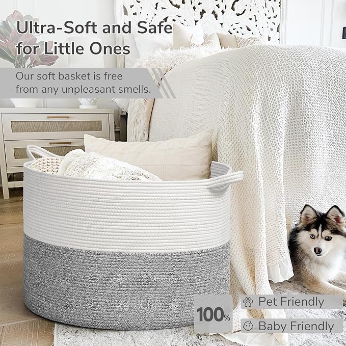 INDRESSME 115L Extra Large Woven Rope Blanket Basket Living Room Light Grey | - Image 5