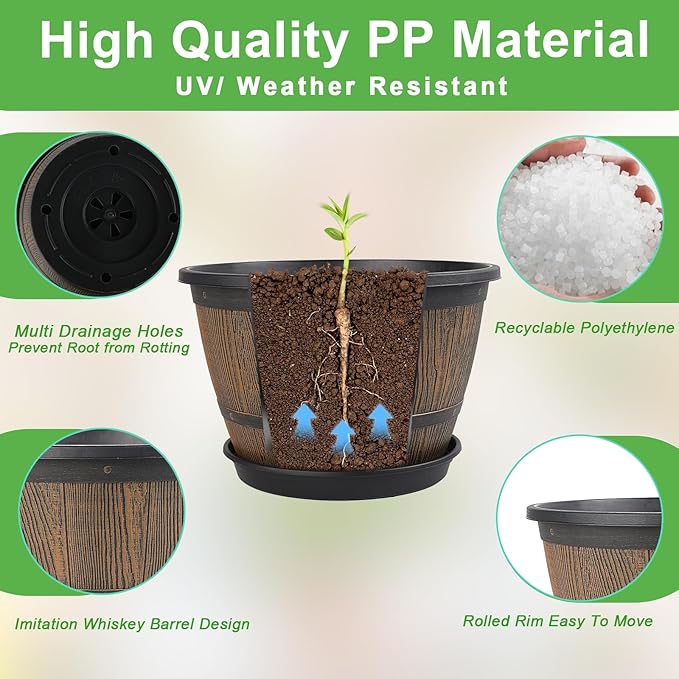 10-inch-Plant-Pots-Indoor-Outdoor, 4 Pack Whiskey Barrel Planters - Image 4
