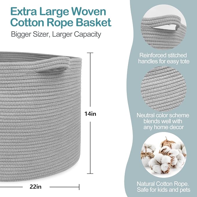 Extra Large Grey Storage Basket, Kids Toy Baskets Bins, Decorative Pillow Towel - Image 2