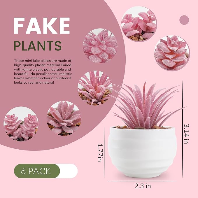 Der Rose 6 Pack Fake Succulent Plants in White Pots - Image 3