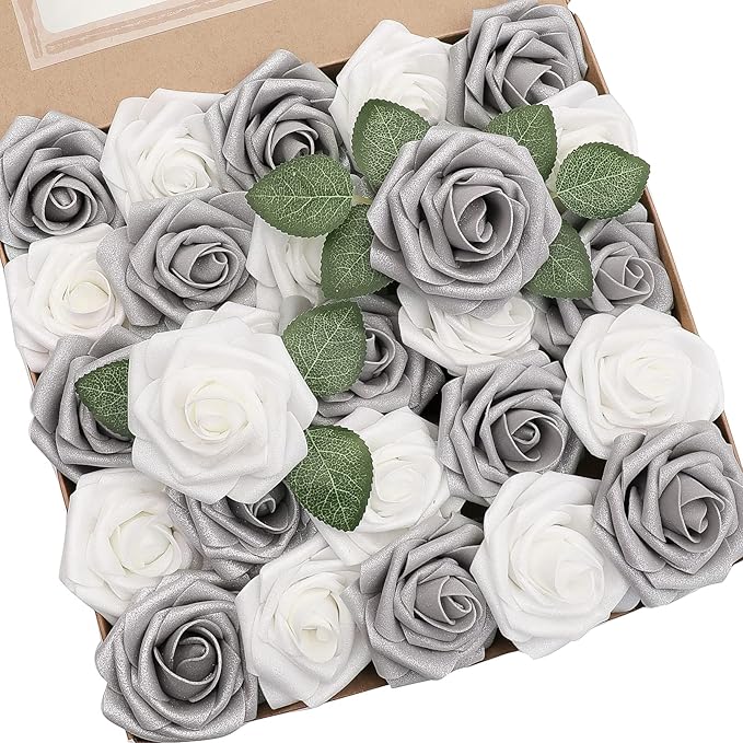 Artificial Flowers 25pcs Real Looking Shimmer Silver Grey Foam Fake Roses by Floroom