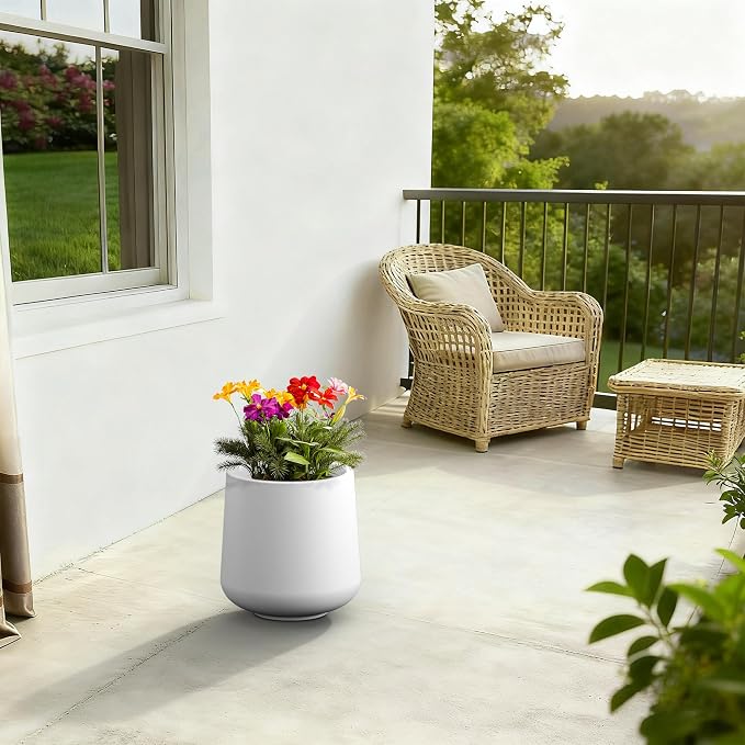 Kante Accent Round Curved White Concrete Planter 13" Dia, Outdoor | Rubber Plug - Image 3