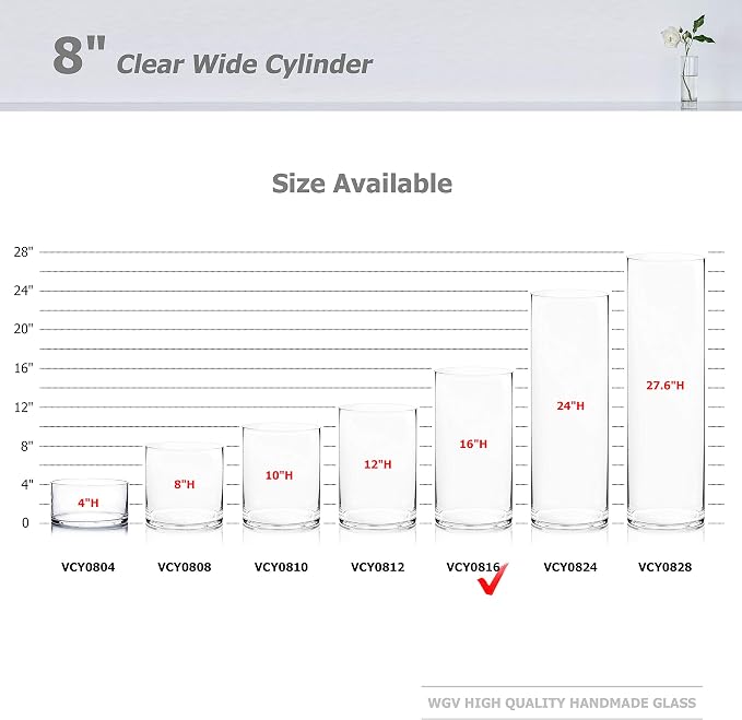 WGV Cylinder Vase, Width 8", Height 16", Floral Container, Planter Terrarium - Image 3