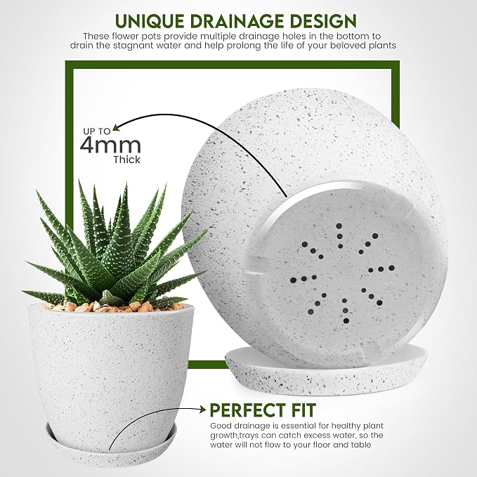 Plant Pots Indoor with Drainage 10 Pack Multi-Size Planters Set Spotty Grey | - Image 3