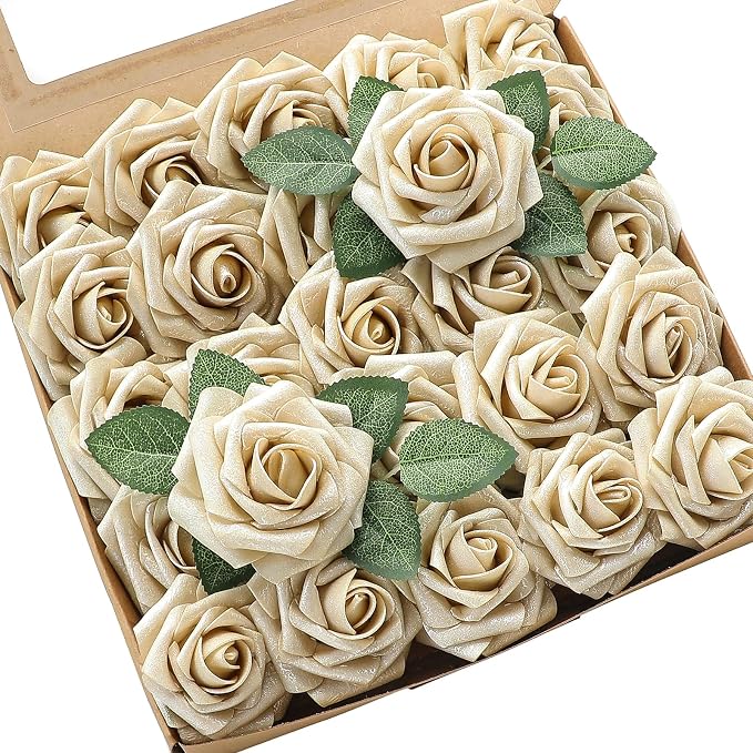 Artificial Flowers 25pcs Real Looking Champagne Gold Foam Fake Roses by Floroom