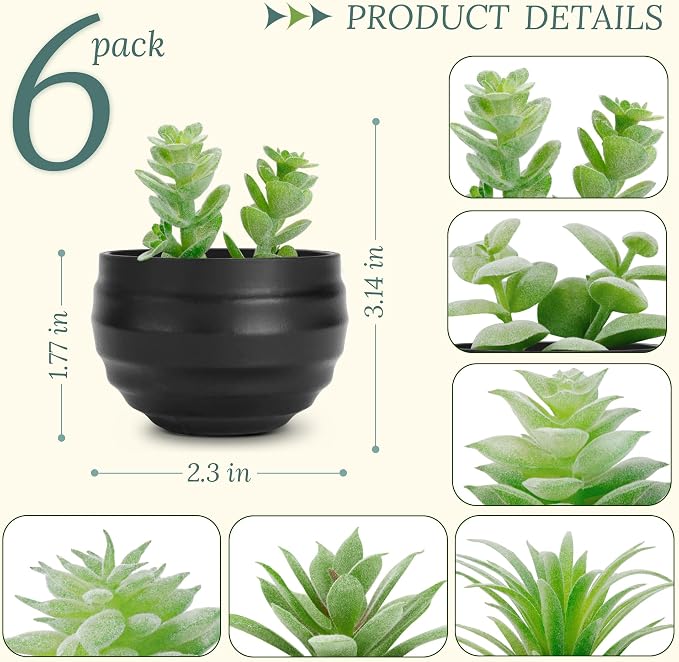 Der Rose 6 Pack Fake Succulents Plants in Black Pots - Image 3