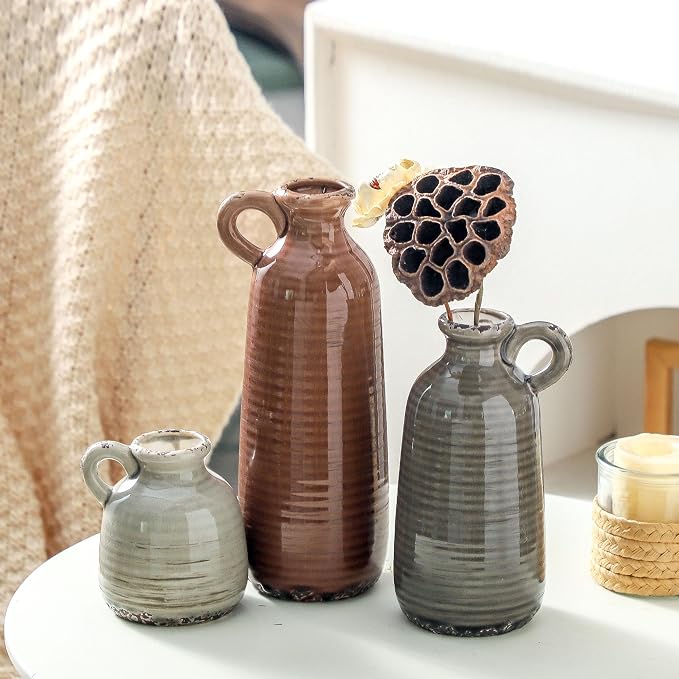 Ceramic Vases Set of 3, Neutral Rustic Farmhouse Vase - Image 6