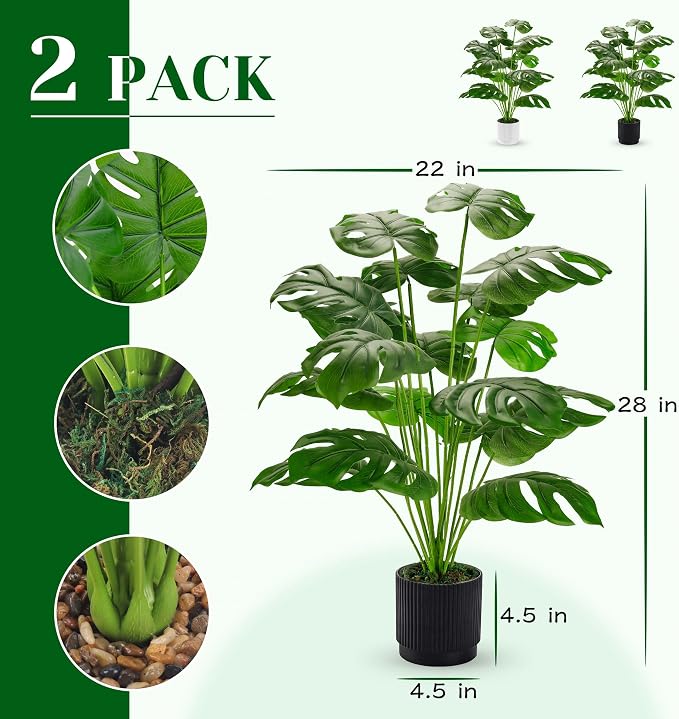 Der Rose 2 Pack 28" Fake Plants, Monstera Plants in White and Black Pots | - Image 3