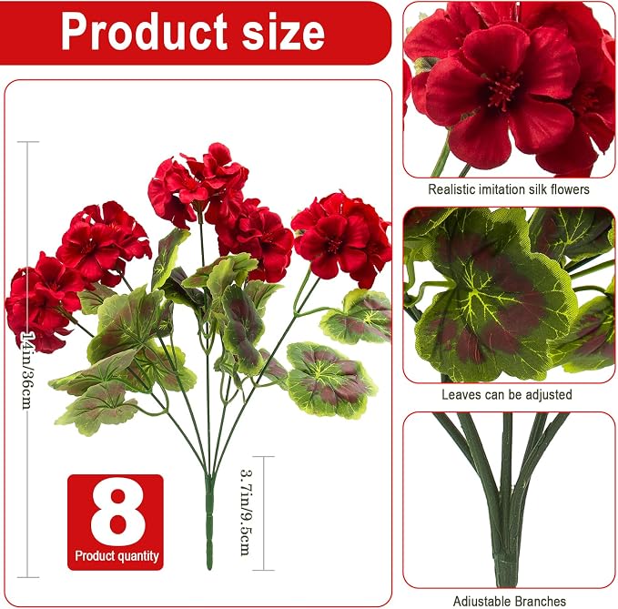 lovemoon 8 Pcs Artificial Geranium Plant Realistic Silk Flowers - Image 2
