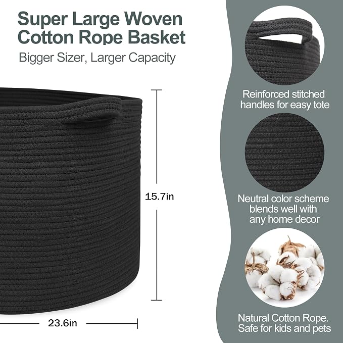 115L Super Large Black Blanket Basket, 23.6"x15.7" Woven Rope Bin - Image 2