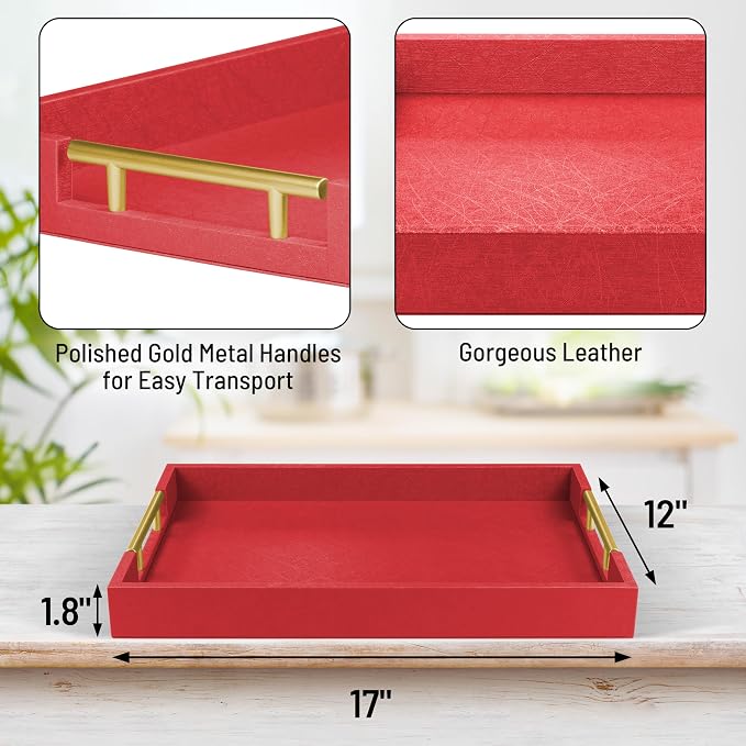 ATZYmolin 17"x12" Leather Serving Tray, Polished Metal Handles, Coffee Table - Image 2