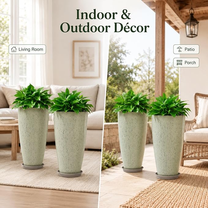 Neoaider Set of 2 Tall Planter, 21 inch Large Plastic Planter, Drip Glaze | - Image 9
