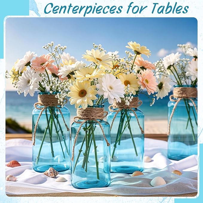 6 Pack Mason Jar Vases for Centerpieces, Aqua Blue Glass Flower Vase | Vintage - Image 3