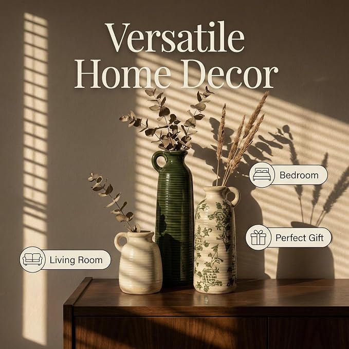 Ceramic Vase Set of 3 with Handles, Versatile as Table Centerpiece or Mantel & - Image 3