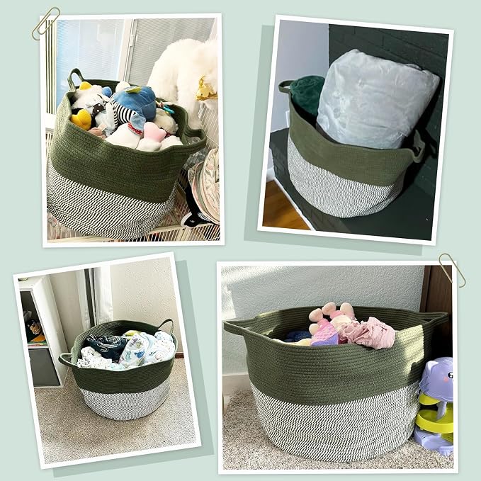 INDRESSME XXXLarge Woven Rope Blanket Basket Living Room Green, 90L | 21.7" x - Image 4