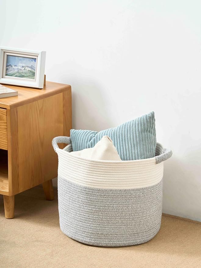 Blanket Basket for Living Room, Woven Rope Storage Basket | 16"D x 14"H | White - Image 9