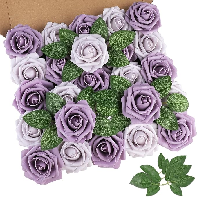 AmyHomie Pale Lavender Rose 25pcs Real Looking Artificial Flowers w/Stem | by AmyHomie