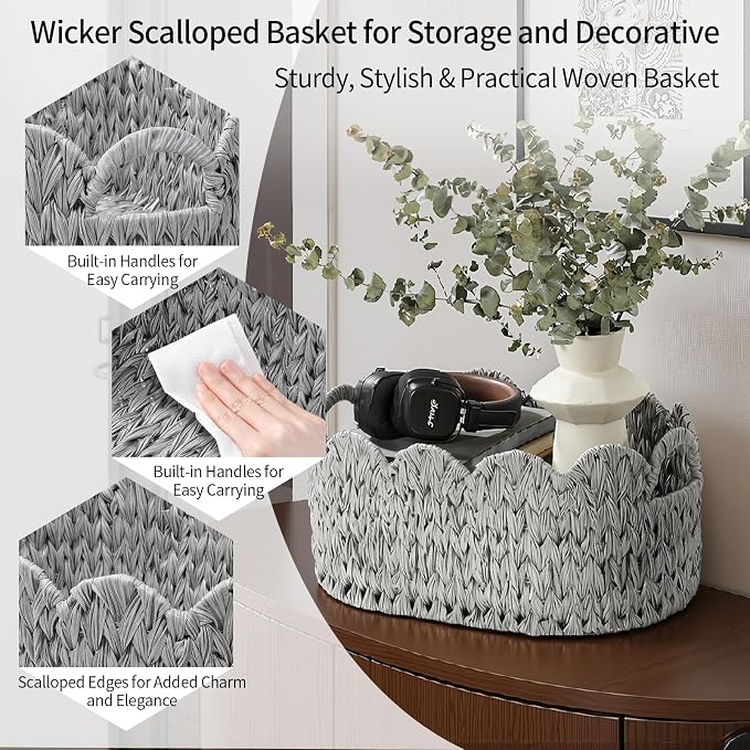 Coeusy Wicker Scalloped Basket Set of 2, Woven Storage Baskets - Image 6