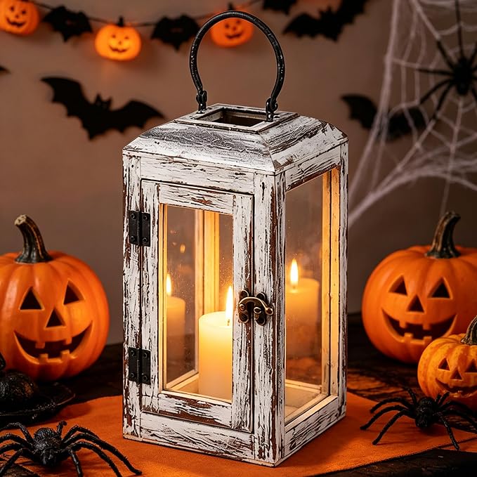 11" High Wooden Lantern Made of Solid Firwood in Whitwash - Image 3