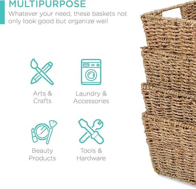 Best Choice Products Rustic Set Of 4 Multipurpose Stackable Seagrass Storage - Image 3
