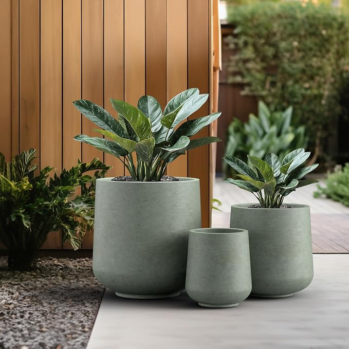Kante Set of 3 Mint Green Concrete Curved Planters 16.5" 13" 9.4" Dia | Drainage - Image 5