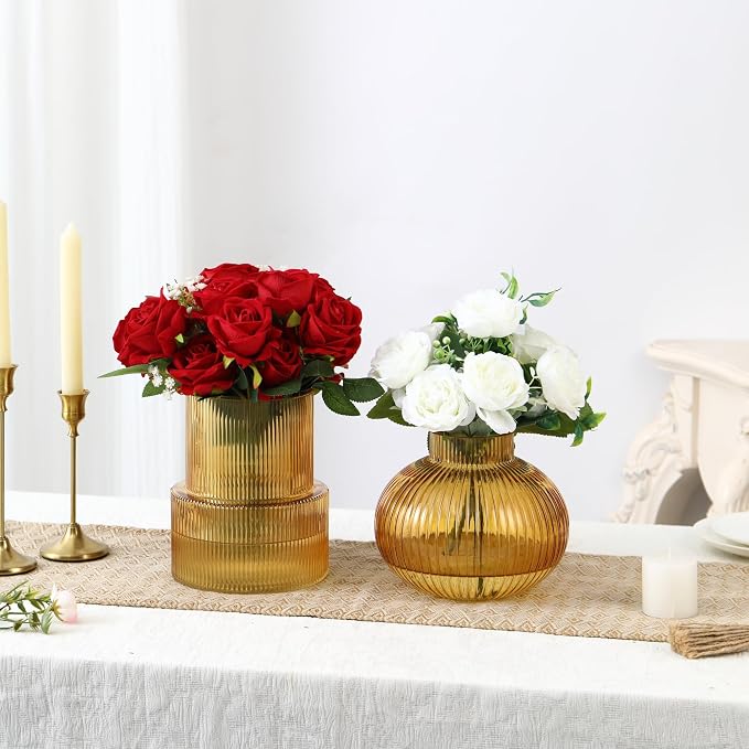Ribbed Glass Vases, Amber Glass Vase - Image 2