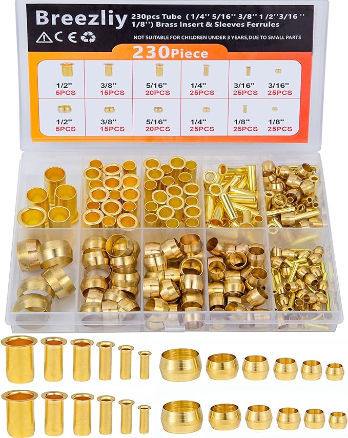 Compression Fittings Assortment kit-6 Sizes Brass Compression Sleeves Ferrules by Breezliy