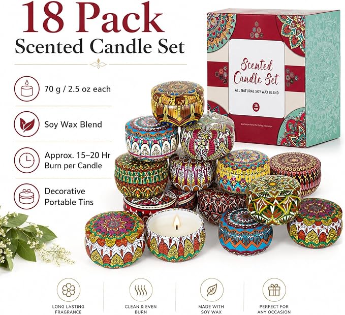 Scented Candles Gift Set, 18 Pack Soy Wax Blend Candles, 70 g Decorative Metal - Image 2