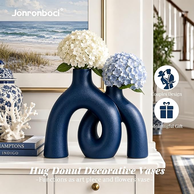 Blue Vase Set, Hug Donut Navy Ceramic Vases - Image 2