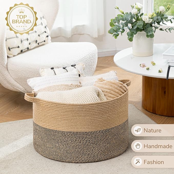 INDRESSME XXXLarge Woven Wicker Blanket Basket Living Room Black Jute, 90L | - Image 7