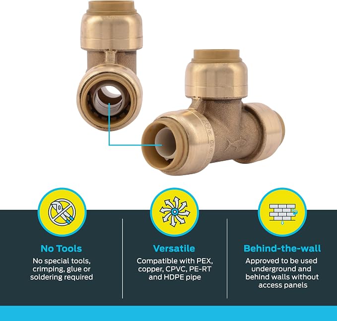 SharkBite 1/2 Inch Tee, Push to Connect Brass Plumbing Fitting, PEX Pipe - Image 3