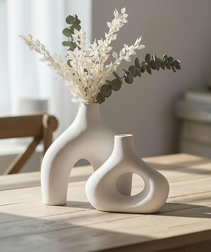 Carrot's Den Ceramic Modern Vase Set of 2, Donut Shelf Decor, Warm White | - Image 2