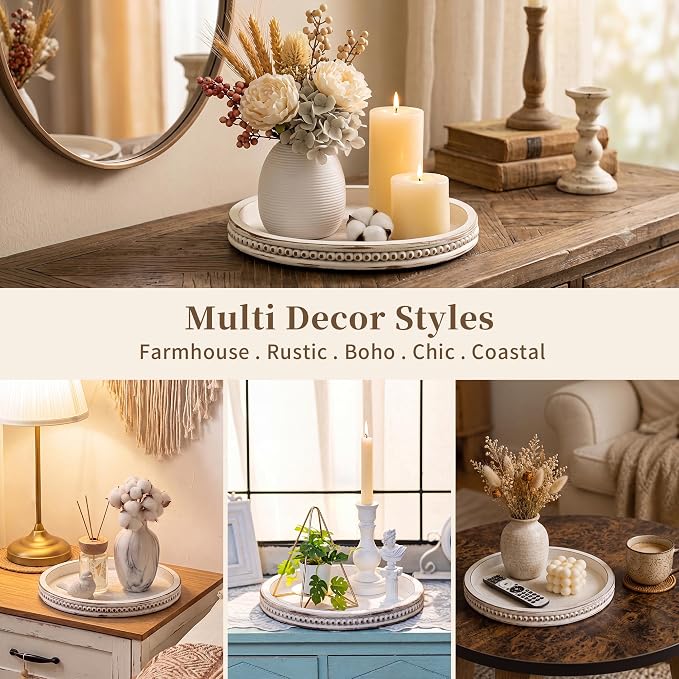 Hanobe Decorative Tray for Coffee Table: 11.8" Round Whitewashed Wood Tray for - Image 6