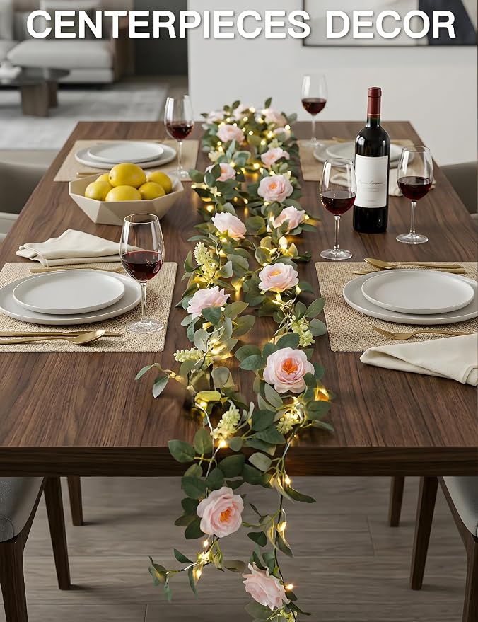 60LED Garland with Pink Camellia Lights Battery Operated Clear Wire | Vines - Image 5