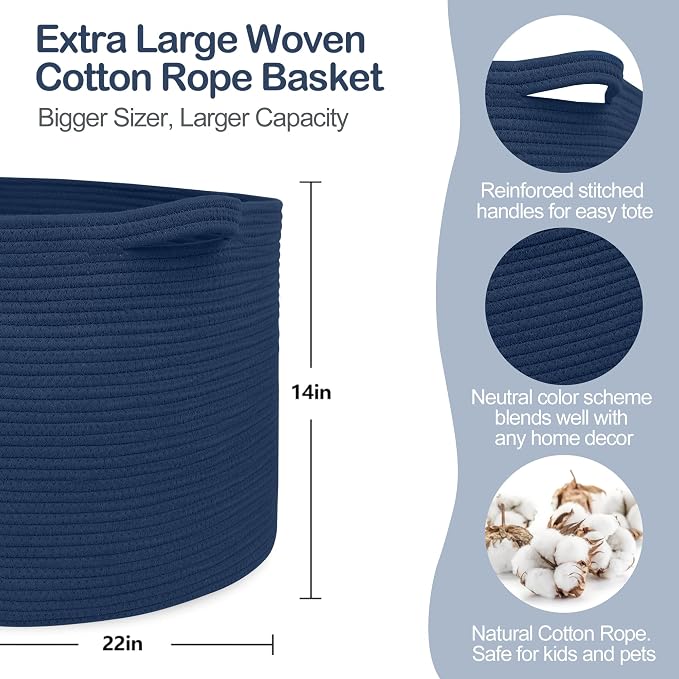 Dark Blue Basket for Organizing, Blanket Storage for Living Room Bedroom - Image 2