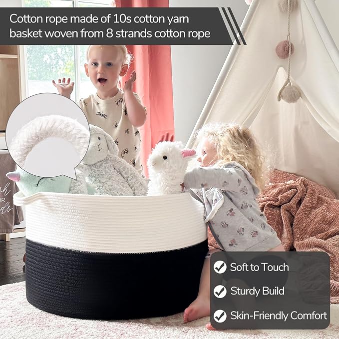 INDRESSME XXXLarge Woven Rope Blanket Basket Living Room White Black, 90L | - Image 2