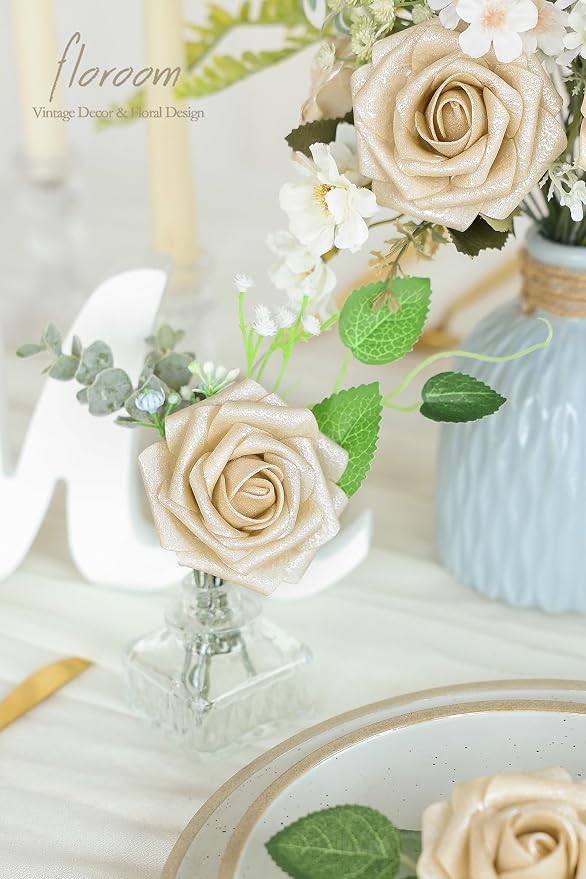 Artificial Flowers 25pcs Real Looking Champagne Gold Foam Fake Roses - Image 3
