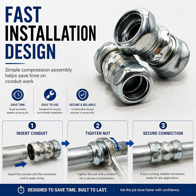 1/2 Inch EMT Compression Coupling Raintight Electrical Conduit Connector Zinc - Image 2