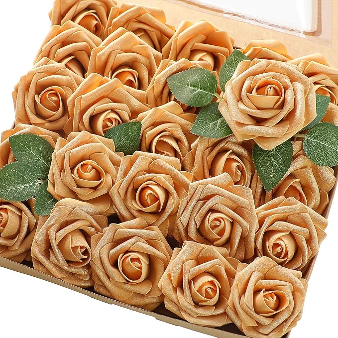 Artificial Flowers 25pcs Real Looking Gold Foam Fake Roses by Floroom