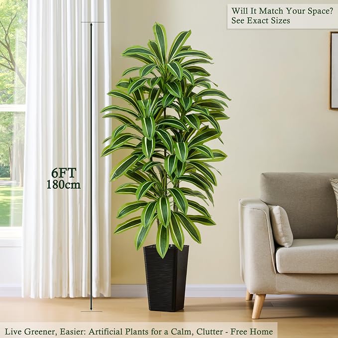 Artificial Dracaena Tree: 6FT Fake Plants Silk Faux Trees（Black Pot） | - Image 2